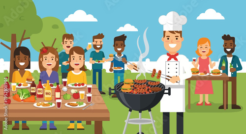 Diverse People Enjoying a Summer BBQ Garden Party with a Chef Grilling Burgers and Sausages; Outdoor Picnic and Social Gathering Illustration