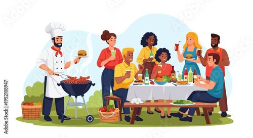 Diverse Friends and Family Enjoying Outdoor BBQ Garden Party with Chef Grilling Burgers and Sausages - Vector Illustration