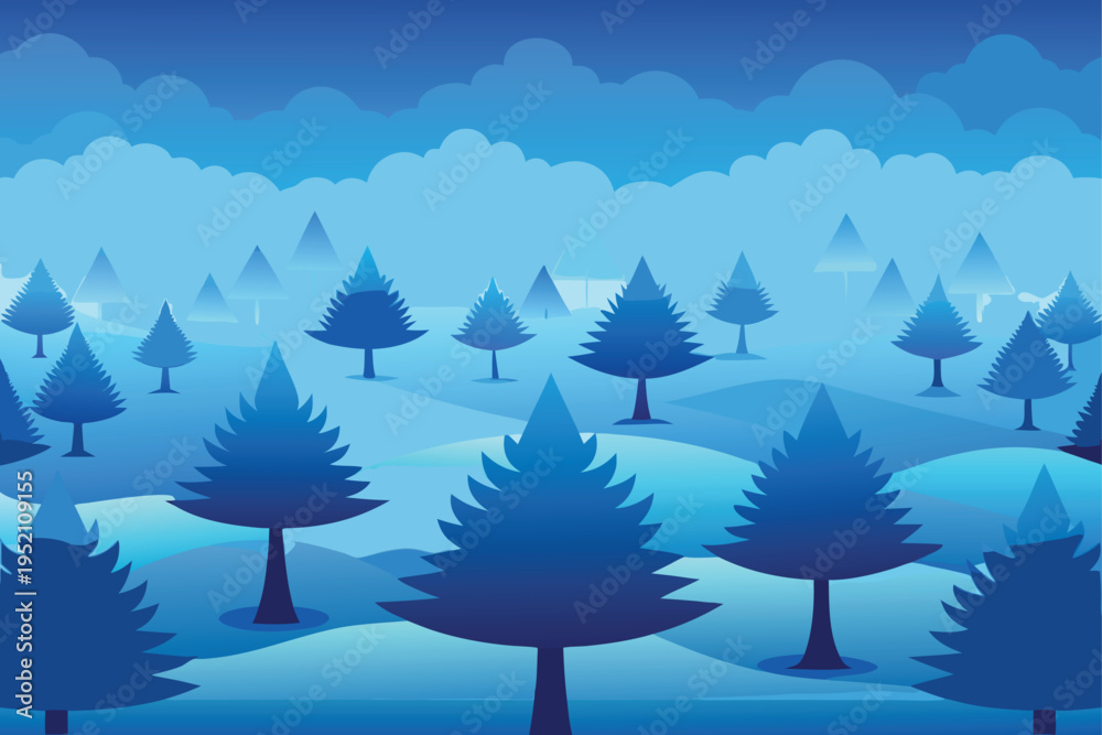 Fototapeta premium A blue landscape with trees and clouds isolated on transparent background, Vector