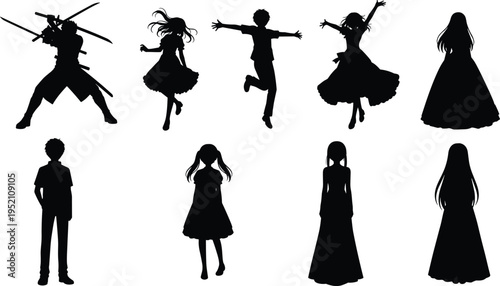 Anime style characters silhouette collection boy girl dancing warrior fantasy people isolated black illustration set