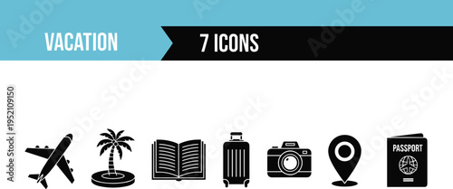 Travel vacation icon set with airplane island suitcase camera passport location and book flat glyph vector illustration for design use