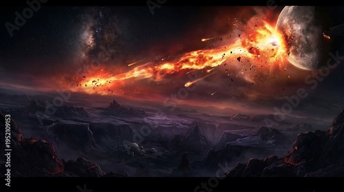 A panoramic digitally rendered a cataclysmic event with a massive explosion and fire trail across a dark rocky landscape under a moonlit sky