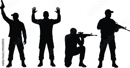 Armed soldiers silhouette set with pistol and rifle, military surrender pose, combat aiming position, army security defense concept