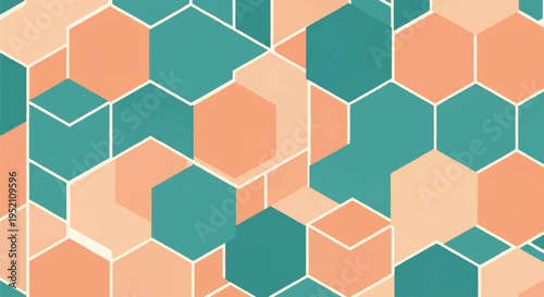 Geometric seamless pattern with hexagons in peach and teal colors, abstract background, modern design
