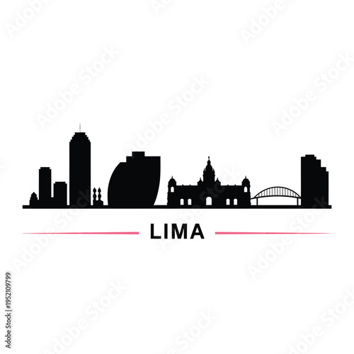 A stark black silhouette of the lima cityscape against a white background