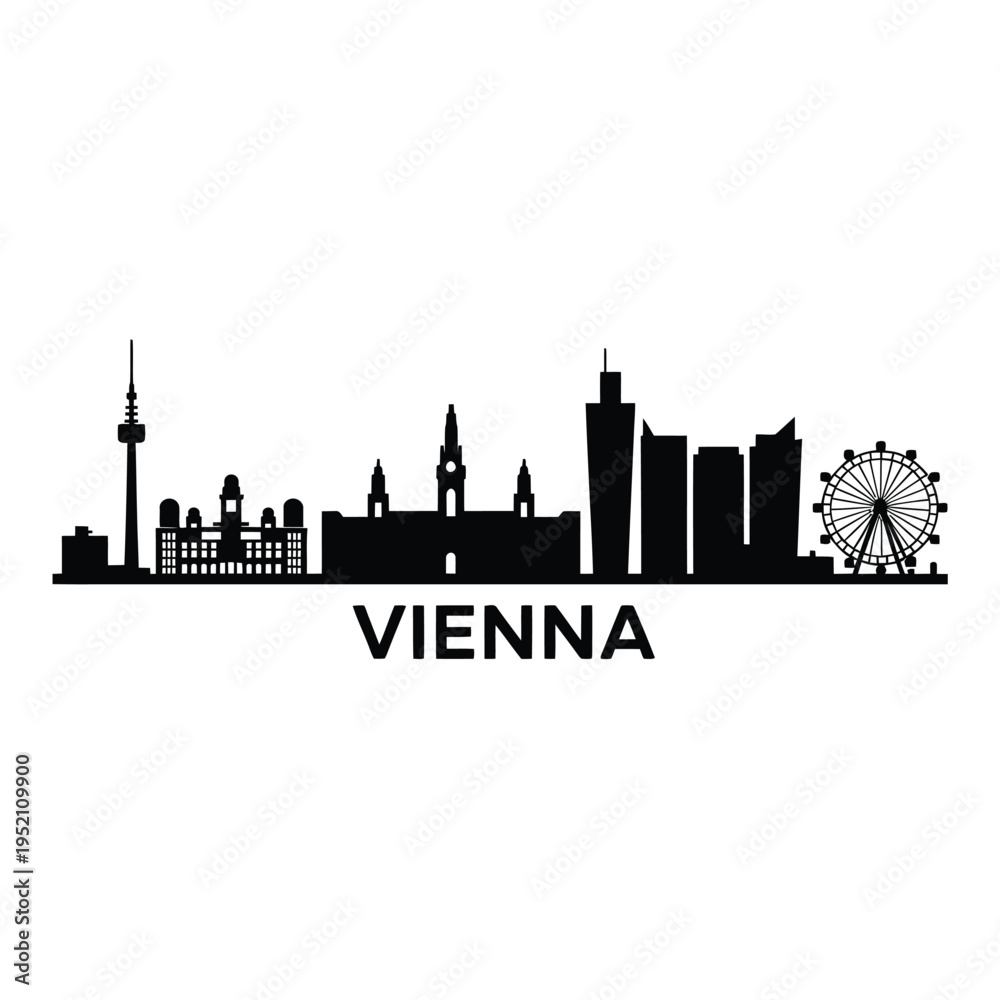 Fototapeta premium Vienna skyline silhouette with prominent landmarks and city name below