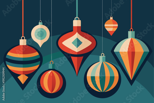 A group of colorful christmas ornaments hanging from strings isolated on transparent background, Vector