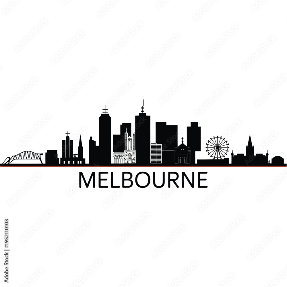 Fototapeta premium Melbourne skyline silhouette with iconic landmarks and city name below