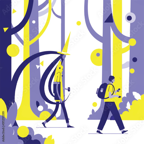 Modern illustration of a hiker and a whimsical fantasy character exploring a vibrant, abstract forest landscape.