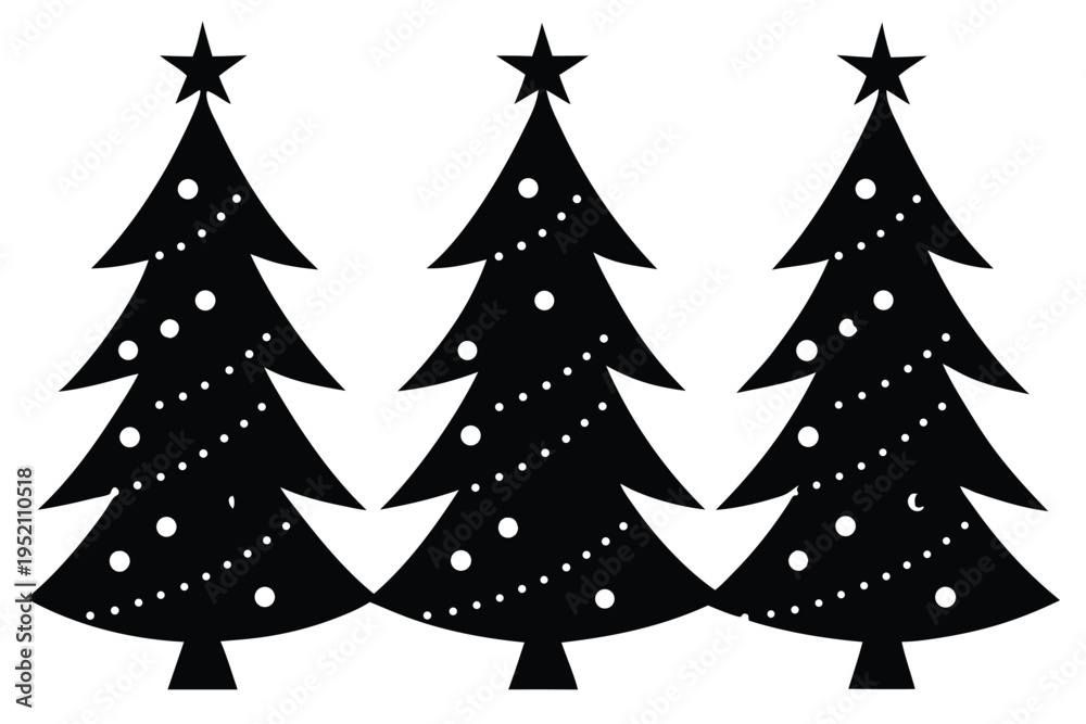 Obraz premium Three black christmas trees with white ornaments isolated on transparent background, Vector