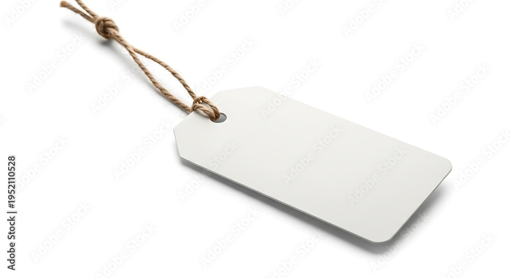 Fototapeta premium Blank white paper gift tag with rustic twine string isolated on white background for product labeling and branding