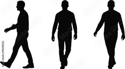 Man walking silhouettes set, male human walking poses collection, different angles pedestrian movement isolated black vector illustration