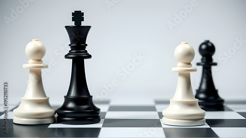 A contrasting depiction of two chess pieces one white and one black highlighting their forms in a minimalist silhouette high quality