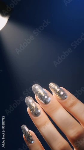 Close-up Video of Elegant Hand with Silver Glitter Nail Art Sparkling Under Spotlight