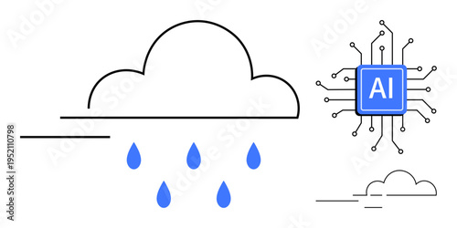 Technology innovation, cloud computing, artificial intelligence, data storage, digital processing, smart systems. A cloud with raindrops and a circuit-linked AI chip. Cloud computing and artificial