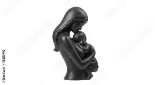 Mother holding baby sculpture in black color