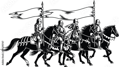 Black and white illustration of armored knights on horses with lances and banners, symbolizing medieval warfare, chivalry, history, knightly orders, and creative artwork projects