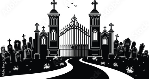 Black and white illustration of cemetery entrance with wrought iron gate, towers, gravestones, crosses, and birds, symbolizing gothic atmosphere, mortality, remembrance, and creative artwork projects