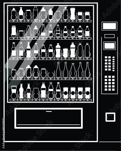Black and white illustration of vending machine with bottles and cans, keypad, payment slot, and retrieval compartment, automated retail design for beverage and snack distribution.
