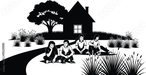 Black and white silhouette illustration of house with tree, curved pathway, and people sitting outdoors, symbolizing rural life, nature, community, tradition, and creative artwork projects