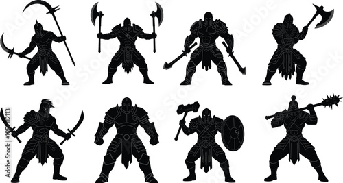 Black and white silhouettes of armored medieval warriors holding swords, axes, hammers, shields, scythes, and maces, posed in combat stances for fantasy character design illustration.