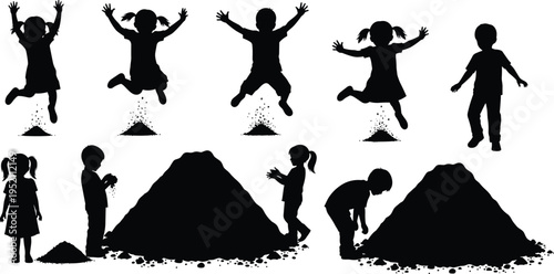 Black silhouette illustration of children playing with sand piles, jumping, digging, and exploring outdoors, symbolizing childhood, playtime, nature, activity, and creative artwork projects