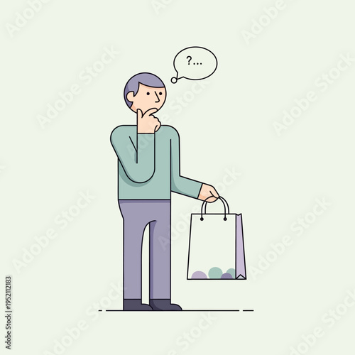 Man with shopping bag thinking about purchase.