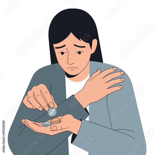 Depressed woman taking medication for mental health issues.