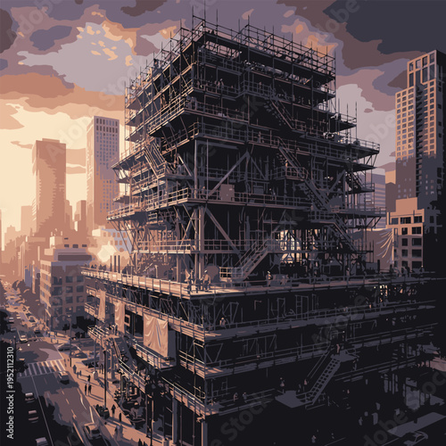 Modern skyscraper construction site with scaffolding.
