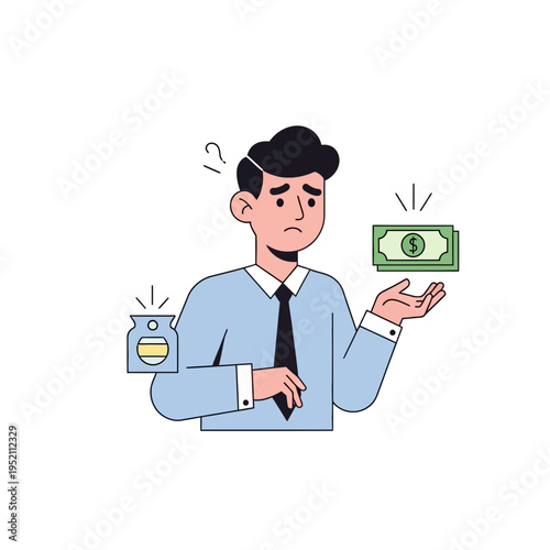 Confused businessman holding money and an empty piggy bank.