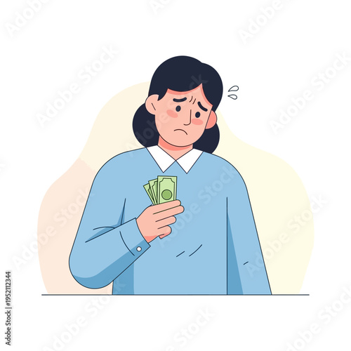 Worried woman holding money, financial stress concept.