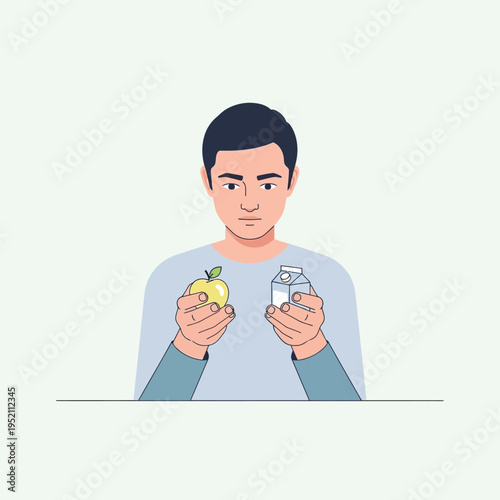 Man making a choice between healthy and unhealthy food options.