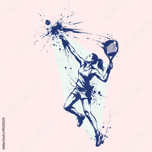 Dynamic Female Padel Racket Player in Ink Splash Sketch Style – Action Sports Illustration