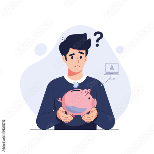 Confused man holding empty piggy bank, financial uncertainty.