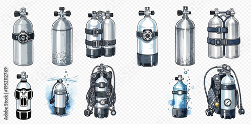 Set of scuba diving tanks and oxygen cylinders for underwater exploration and sport.