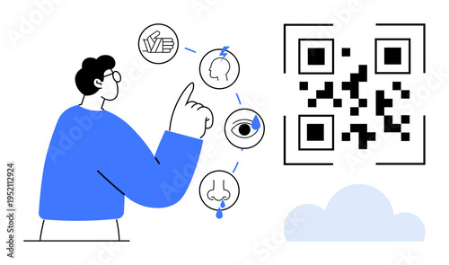 Digital connectivity, technology education, human senses, information sharing, user interaction, QR code usage. Person pointing to human sensory icons and QR code. Digital connectivity and technology