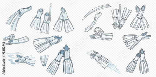 Set of various hand-drawn illustrations of swimming fins, flippers, and diving masks for water sports.