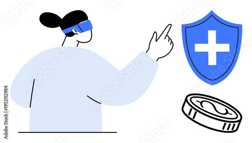 Future technology, virtual healthcare, digital security, financial technology, innovation, data visualization. Person wearing VR headset pointing to shield with cross and a coin. Virtual healthcare