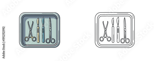 Surgical steel instruments in medical tray cartoon and linear style illustration in grey, blue and yellow colors representing tools for operation on a white background
