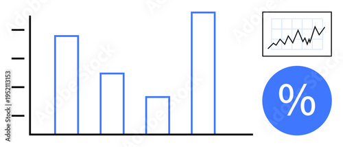 Business growth, data tracking, analytics, financial analysis, performance evaluation, statistics. Bar graph, growth chart percentage symbol on white background. Business growth and data tracking