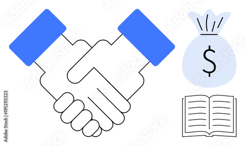Business cooperation, financial investments, partnerships, legal agreements, business strategies, education. Two hands shaking, money bag and open book. Business partnerships and financial