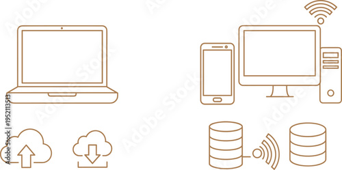 Cloud storage and computer device outline icon set with laptop smartphone desktop database upload download technology symbols