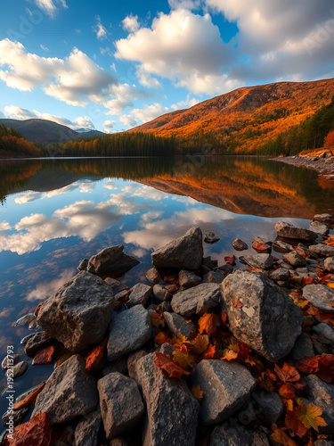 a mountain pond with sky reflection and rocks in the foreground in autumn in New England