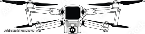 Detailed black and white quadcopter drone front view illustration with mounted camera, sensors, streamlined design, modern UAV technology concept for aerial photography, surveillance, videography, 