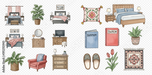 Watercolor collection of bedroom furniture and home decor items, including beds, plants, cushions, and slippers, on a transparent background.