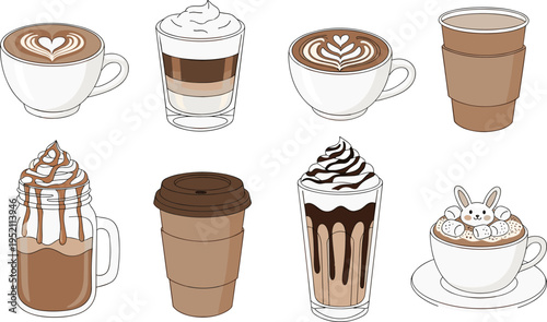 Coffee drinks collection including latte cappuccino mocha takeaway cup and whipped cream beverages vector illustration set