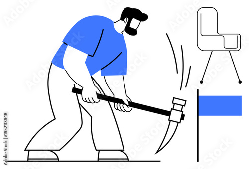 Workforce, productivity, labor, career challenges, manual work, industrial goals. A man wielding a pickaxe near a flag and chair. Workforce and productivity in a minimalist visual