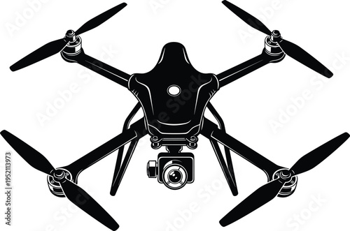 Black and white quadcopter drone illustration with mounted camera for aerial photography, videography, surveillance, technology concept, remote sensing applications, modern 