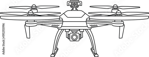 Front view line drawing of quadcopter drone with dual cameras, landing gear, modern UAV design for aerial photography, videography, surveillance, technology illustration, remote sensing artwork