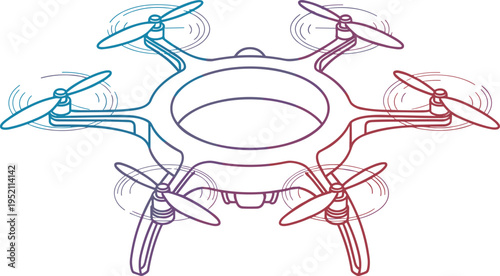 Stylized gradient hexacopter drone illustration with six rotors in motion, circular central body, modern UAV technology concept for aerial photography, videography, surveillance, robotics artwork